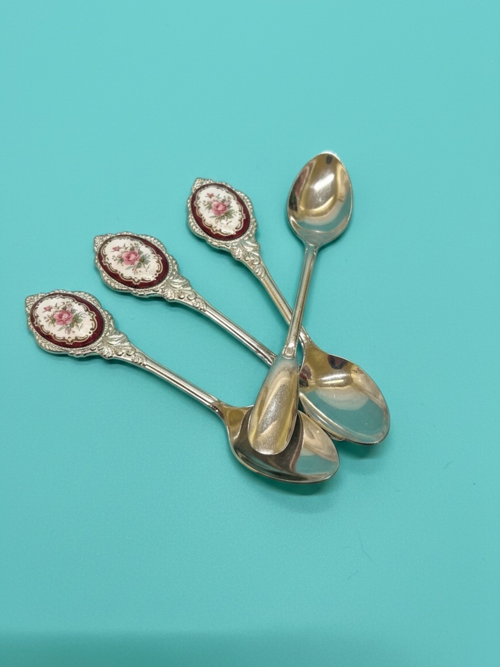 Vintage Porcelain Cameo Inlaid Stainless Japan Spoons - Lot of 4